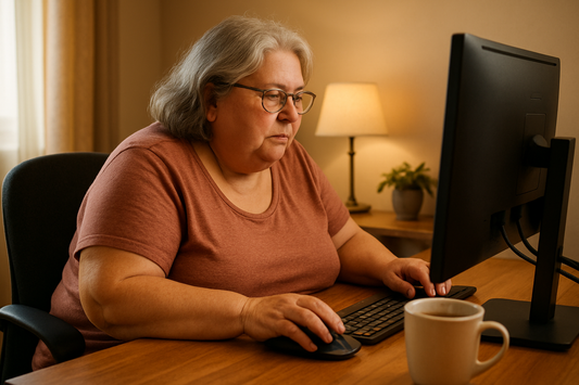 older heavier lady working on computer with a hot drink